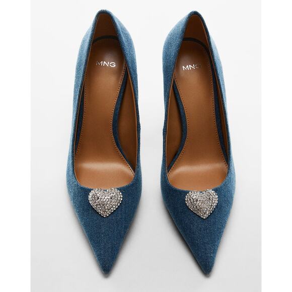 MANGO Embellished Heels NWT | Denim Point Toe w/ Rhinestone Heart - Picture 5 of 16